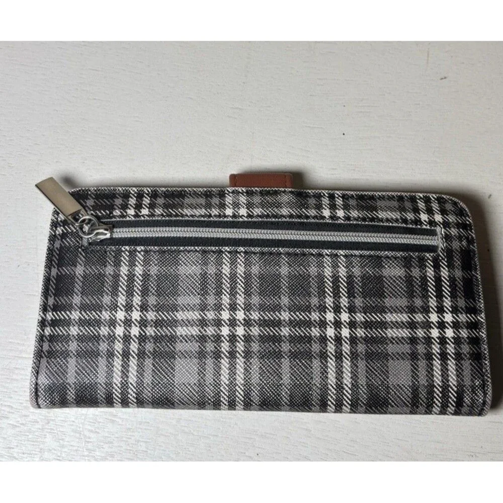 Time & Tru Gray And Black Plaid Piper Clutch Organizer Wallet